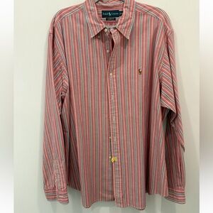 Ralph Lauren Men Salmon Blue White Stripe Classic Fit Button Down Shirt Size XXL